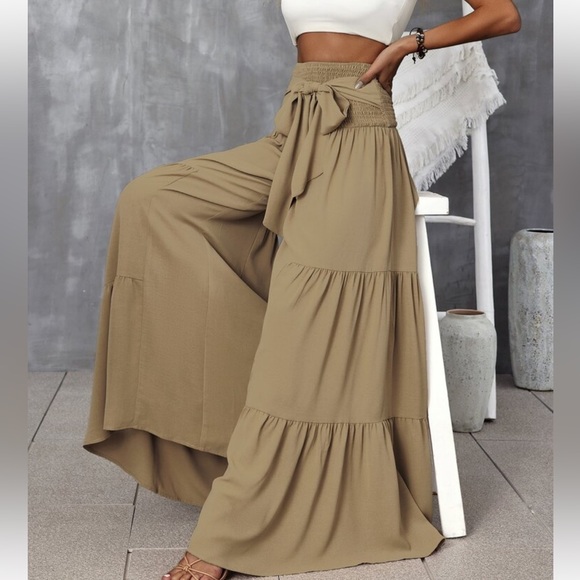 Boho High Waist Smocked Wide Leg Palazzo Pants - Picture 2 of 6